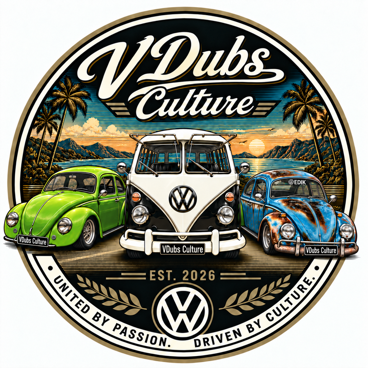 VDubs Culture: classic Volkswagens against a coastal sunset. United by passion. Driven by culture.
